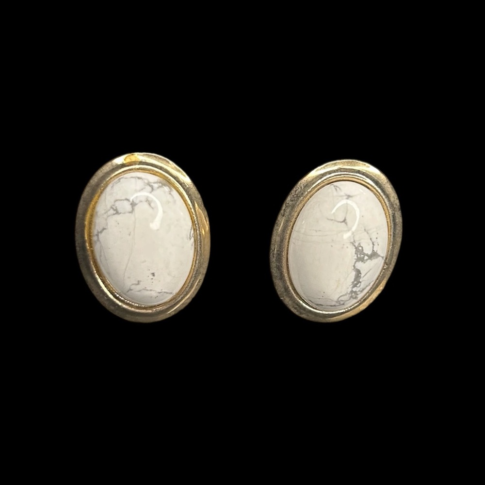 Gold Accent White Marble Semi-Precious Stone Pierced Earrings